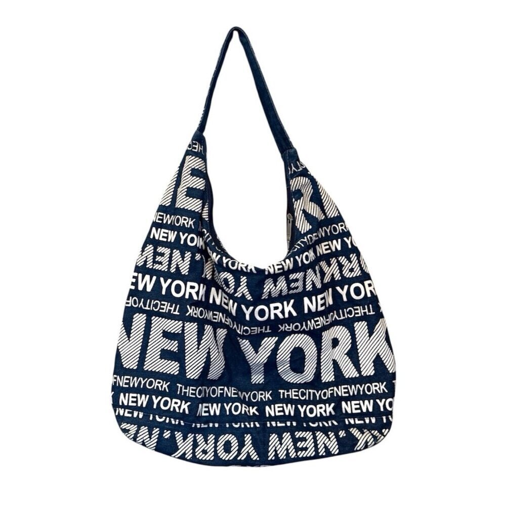Robin Ruth New York Logo Womens Hobo Graffiti Tote Bag 13x18 Blue White Purse